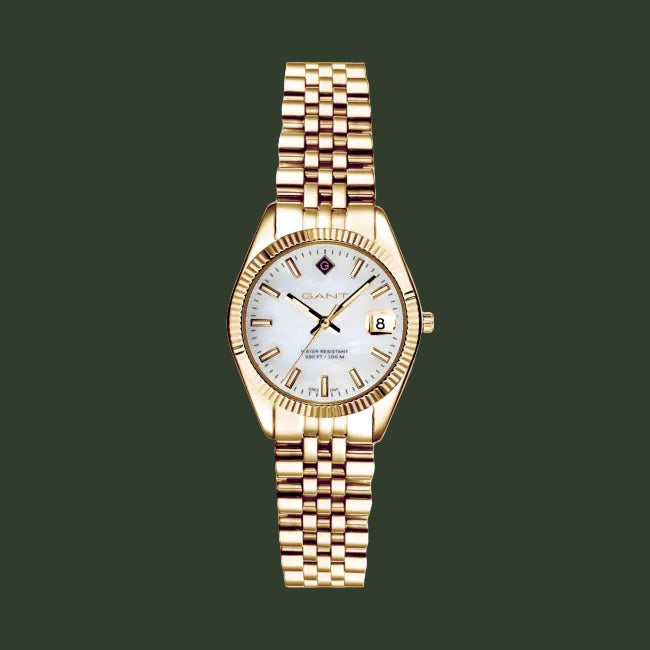 A GANT watch with a gold-tone metal bracelet and case, featuring a white dial with gold-tone hands and markers, on a plain white background.