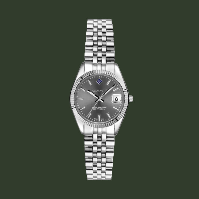 A GANT men's watch featuring a silver stainless steel link bracelet, a fluted bezel, and a dark gray dial with a date window.