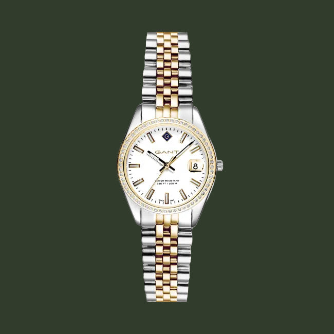 A GANT women's watch featuring a two-tone silver and gold stainless steel link bracelet, a silver case, and a white dial with gold accents.