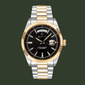 A GANT men's watch featuring a two-tone silver and gold stainless steel link bracelet, a fluted gold-tone bezel, and a black dial with gold hands and markers.