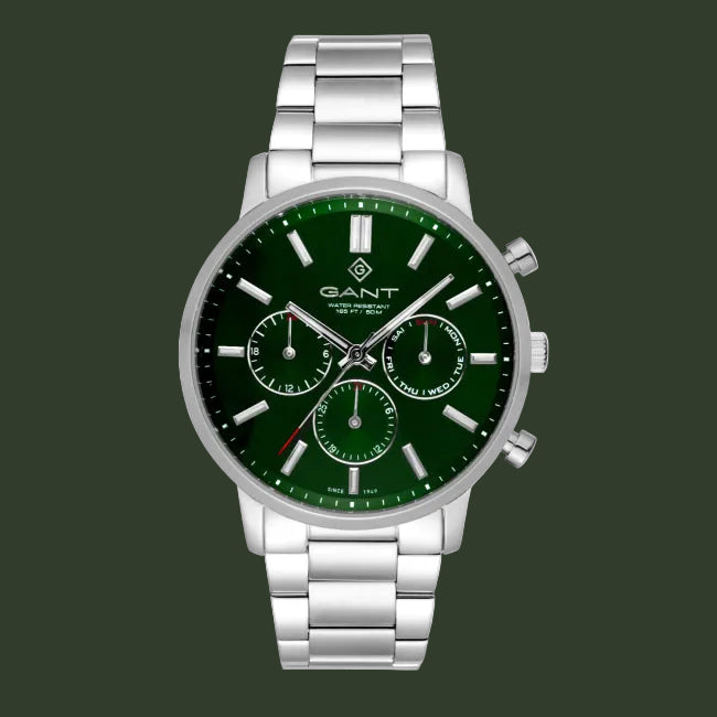 A GANT men's stainless steel chronograph watch with a dark green dial and matching green sub-dials, set against a plain white background.