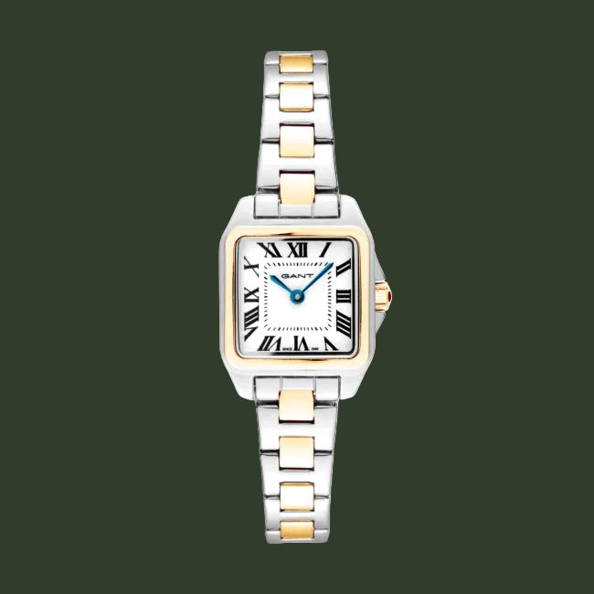 A Cartier watch with a square silver-tone case, gold-tone accents on the bezel, lugs, and bracelet links, and a white dial with black Roman numerals.