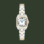 A Cartier watch with a square silver-tone case, gold-tone accents on the bezel, lugs, and bracelet links, and a white dial with black Roman numerals.