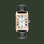 A GANT women's watch featuring a rectangular rose gold case, a white dial with black Roman numerals, and a black alligator-textured leather strap, shown against a plain white background.