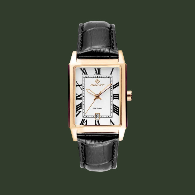 A GANT women's watch featuring a rectangular rose gold case, a white dial with black Roman numerals, and a black alligator-textured leather strap, shown against a plain white background.