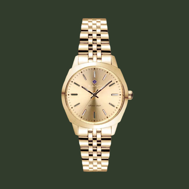 Gold watch with a white background