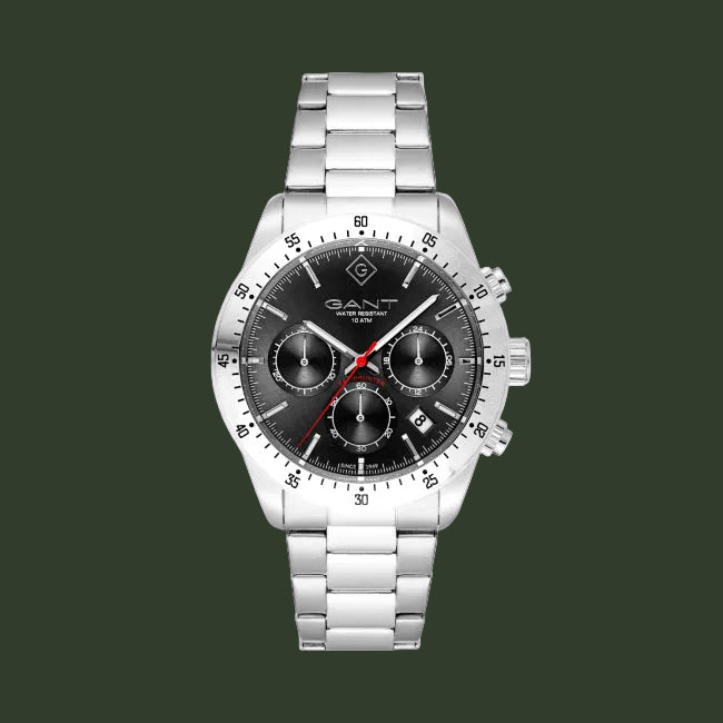 Gant watch with silver bracelet and black dial on a white background