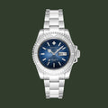 Silver watch with a blue dial on a white background