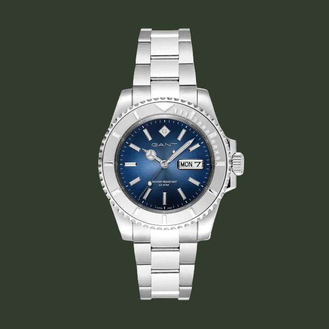 Silver watch with a blue dial on a white background