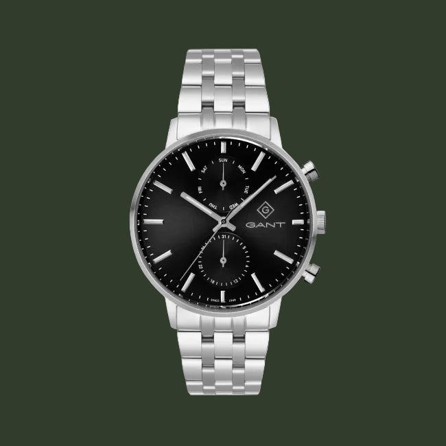 A GANT men's analog watch with a black dial and a silver stainless steel link bracelet, shown against a plain white background.