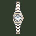 A women's two-tone stainless steel and rose gold watch by Cartier, featuring a silver-toned octagonal case, a white dial with black Roman numerals, and a two-tone link bracelet.