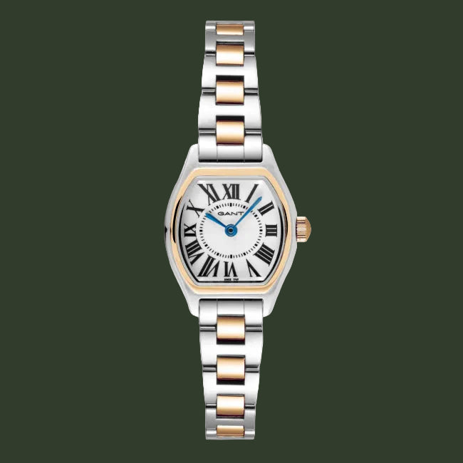 A women's two-tone stainless steel and rose gold watch by Cartier, featuring a silver-toned octagonal case, a white dial with black Roman numerals, and a two-tone link bracelet.