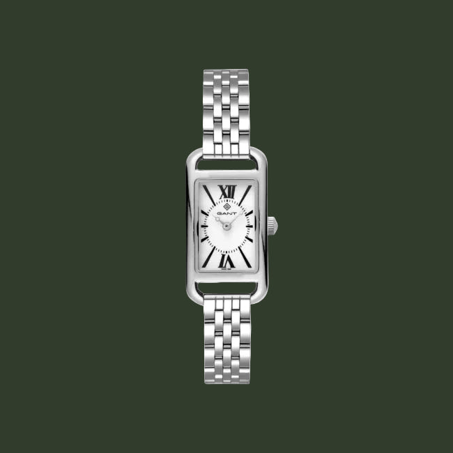 A silver-tone rectangular women's watch with a matching metal link bracelet, featuring a white dial with black Roman numerals and a small Graft logo at the center.