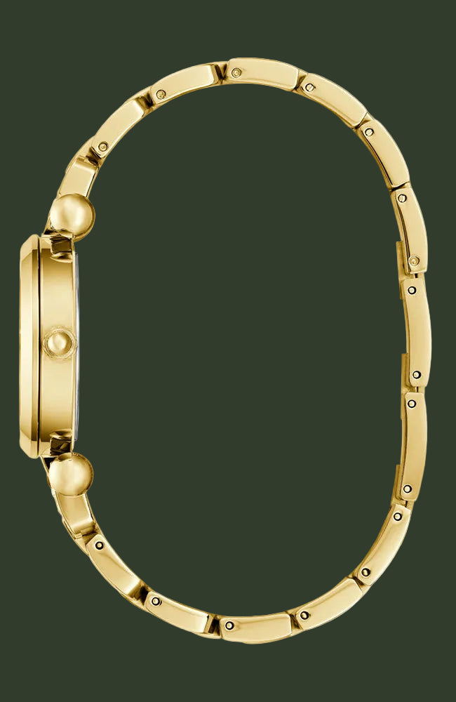 Gold-tone metal watch band shown from the side profile against a solid white background.