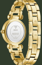 Gold-tone stainless steel watch with a round case and matching link bracelet, shown from the back with the GUESS logo visible on the inner dial and bracelet.