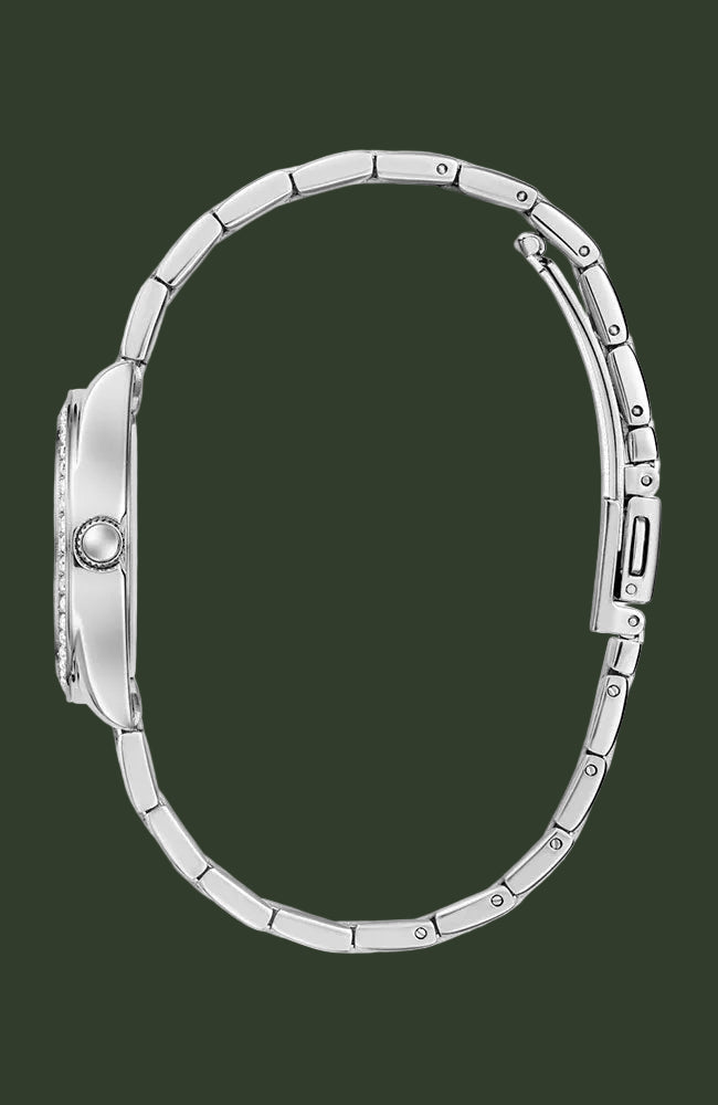 Silver-tone stainless steel watch band shown from the side profile against a solid white background.