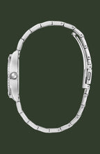 Silver-tone stainless steel watch band shown from the side profile against a solid white background.
