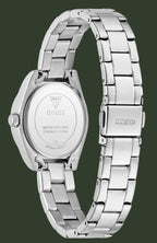 Silver stainless steel watch with a metal link band, shown from the back to reveal the branded case lid and clasp on a white background.
