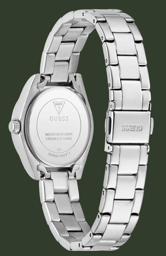 Silver stainless steel watch with a metal link band, shown from the back to reveal the branded case lid and clasp on a white background.