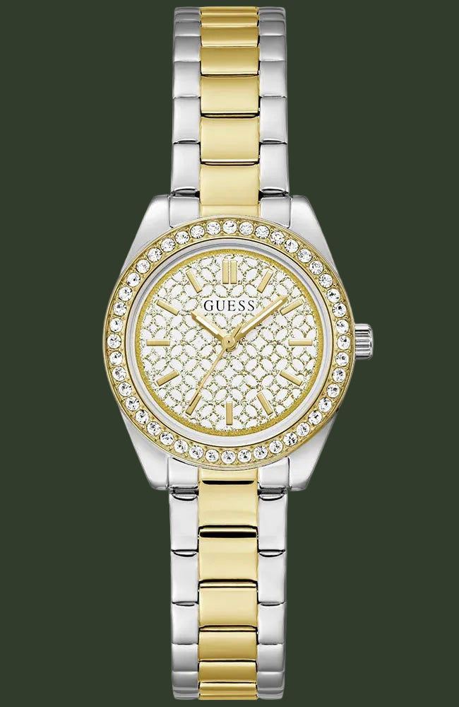 A two-tone stainless steel and gold Guess watch with a crystal-encrusted bezel, gold pattern dial, and matching two-tone link bracelet on a white background.