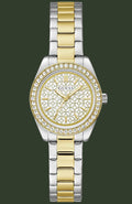 A two-tone stainless steel and gold Guess watch with a crystal-encrusted bezel, gold pattern dial, and matching two-tone link bracelet on a white background.