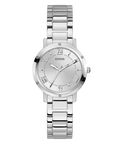 Silver watch with a white face on a white background