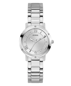 Silver watch with a white face on a white background