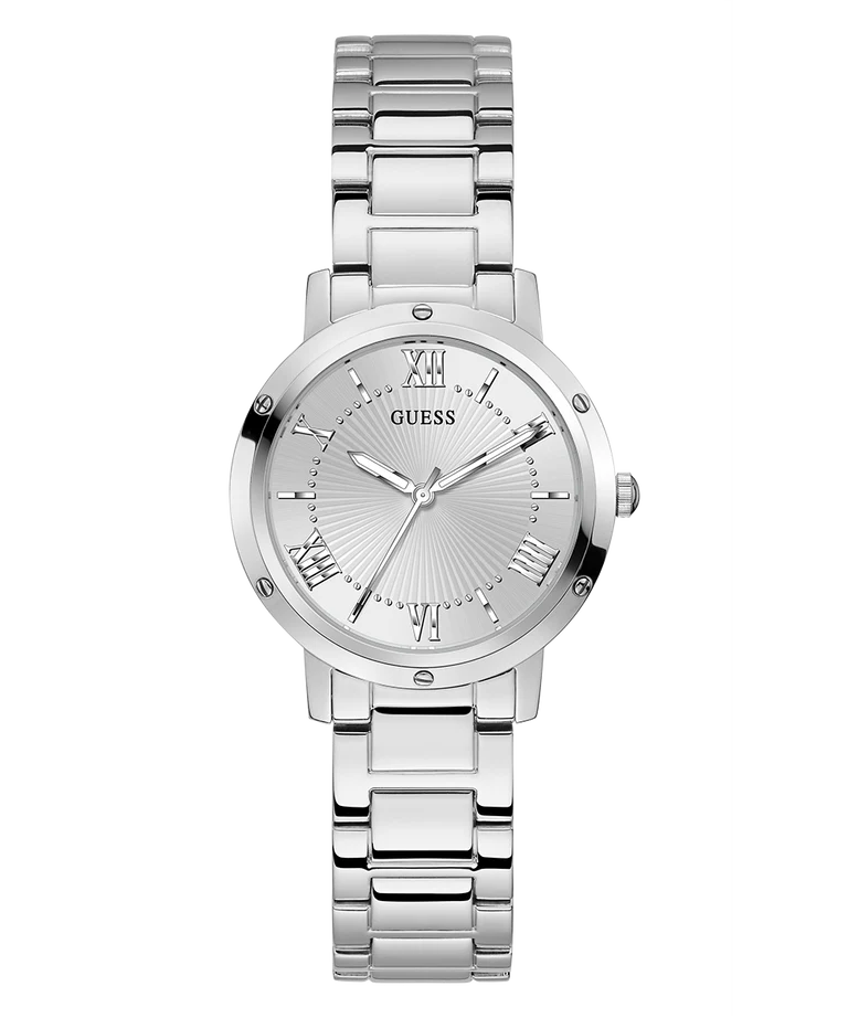 Silver watch with a white face on a white background