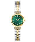 A women's two-tone stainless steel and gold Guess watch with a green sunburst dial, crystal-embellished hour markers, and a matching two-tone link bracelet.