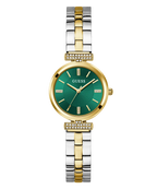 A women's two-tone stainless steel and gold Guess watch with a green sunburst dial, crystal-embellished hour markers, and a matching two-tone link bracelet.