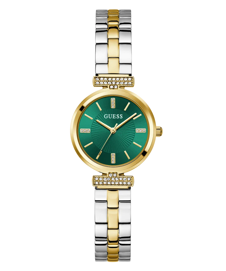 A women's two-tone stainless steel and gold Guess watch with a green sunburst dial, crystal-embellished hour markers, and a matching two-tone link bracelet.