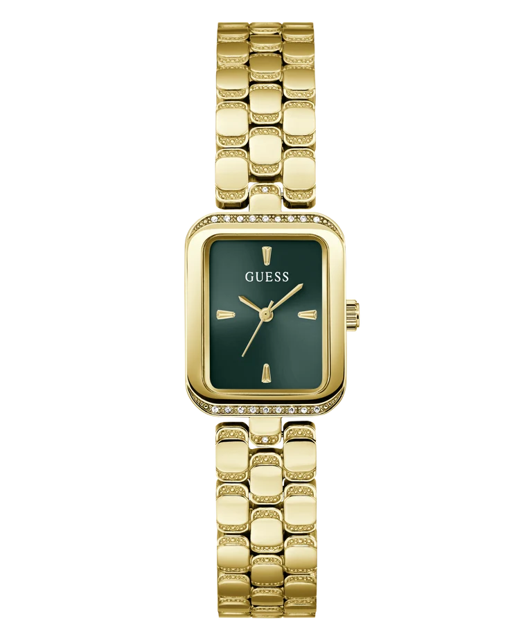 A gold-tone women's wristwatch with a rectangular green dial, gold-tone bezel accented with small clear crystals, and a matching gold-tone link bracelet. The brand name 'GUESS' is clearly visible on the dial.