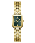 A gold-tone women's wristwatch with a rectangular green dial, gold-tone bezel accented with small clear crystals, and a matching gold-tone link bracelet. The brand name 'GUESS' is clearly visible on the dial.