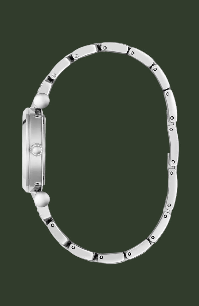 Silver-tone stainless steel watch band with a matching round case, shown from the side profile on a plain white background.