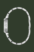 Silver-tone stainless steel watch band with a matching round case, shown from the side profile on a plain white background.
