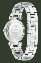 Silver stainless steel women's watch with a link bracelet, shown from the back to display the branded case and bracelet clasp on a white background.