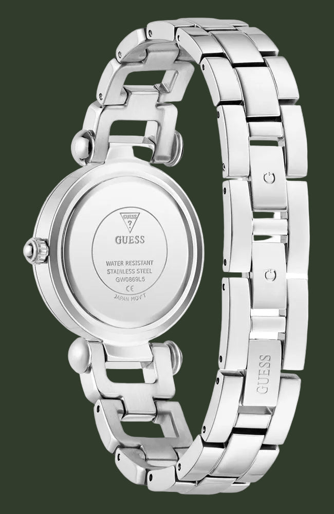 Silver stainless steel women's watch with a link bracelet, shown from the back to display the branded case and bracelet clasp on a white background.