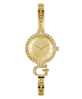 Gold-tone Guess watch with a round crystal-studded bezel, crystal-detailed dial, and matching crystal-embellished bracelet links, shown on a white background.
