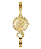 Gold-tone Guess watch with a round crystal-studded bezel, crystal-detailed dial, and matching crystal-embellished bracelet links, shown on a white background.