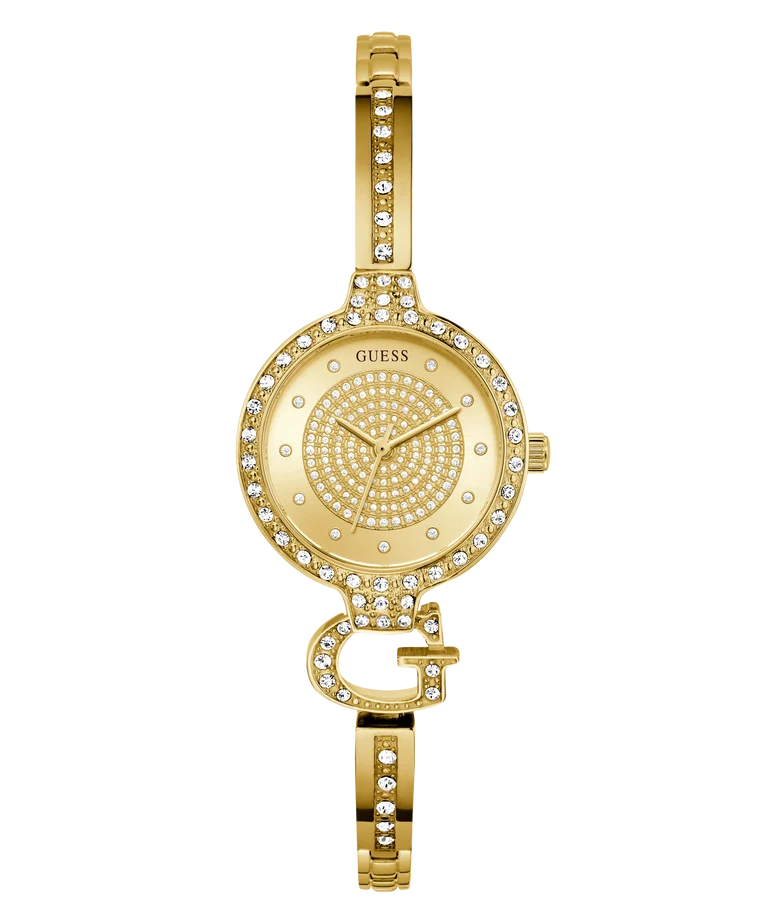 Gold-tone Guess watch with a round crystal-studded bezel, crystal-detailed dial, and matching crystal-embellished bracelet links, shown on a white background.