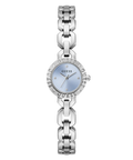 A GUESS women's analog watch with a silver-tone metal link bracelet, a round bezel set with small clear stones, and a light blue dial.