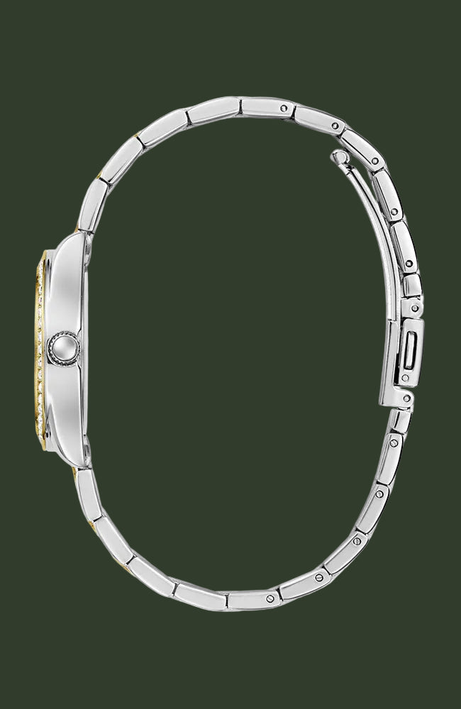 Side profile view of a silver-toned metal watch with a matching link bracelet, featuring a gold-tone bezel accent and a round crown, shown on a plain white background.