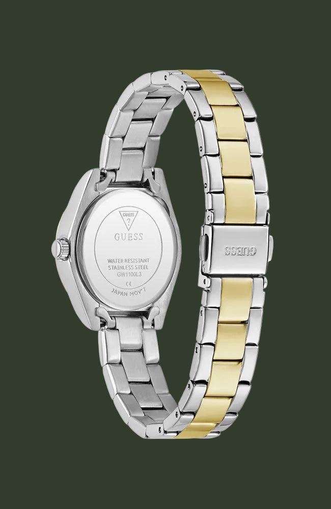 A two-tone stainless steel and gold wristwatch shown from the back, featuring a silver-toned case, a two-tone metal link bracelet with silver and gold segments, and a silver clasp engraved with 'scalo'.