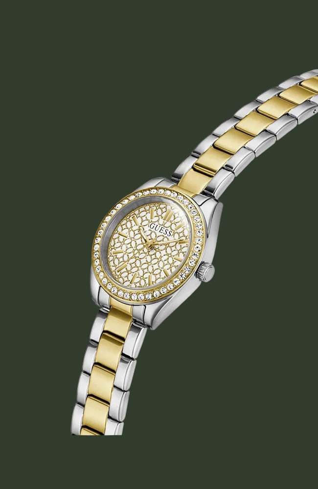 A two-tone stainless steel and gold wristwatch with a crystal-embellished bezel and a textured gold dial, shown on a plain white background.