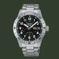 A Seiko automatic wristwatch with a silver stainless steel case and link bracelet, featuring a black dial with white Arabic numerals and a rotating bezel.