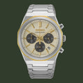 A Seiko chronograph watch with a silver stainless steel link bracelet, a gold-tone bezel, and a textured champagne dial with black subdials.