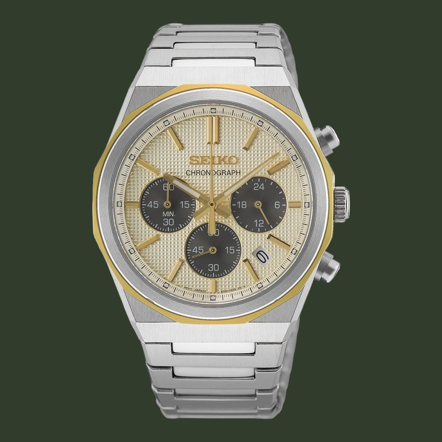 A Seiko chronograph watch with a silver stainless steel link bracelet, a gold-tone bezel, and a textured champagne dial with black subdials.