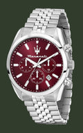 A Maserati men's watch featuring a silver stainless steel case and link bracelet with a deep red dial, silver subdials, and silver hands.