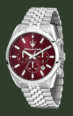 A Maserati men's watch featuring a silver stainless steel case and link bracelet with a deep red dial, silver subdials, and silver hands.