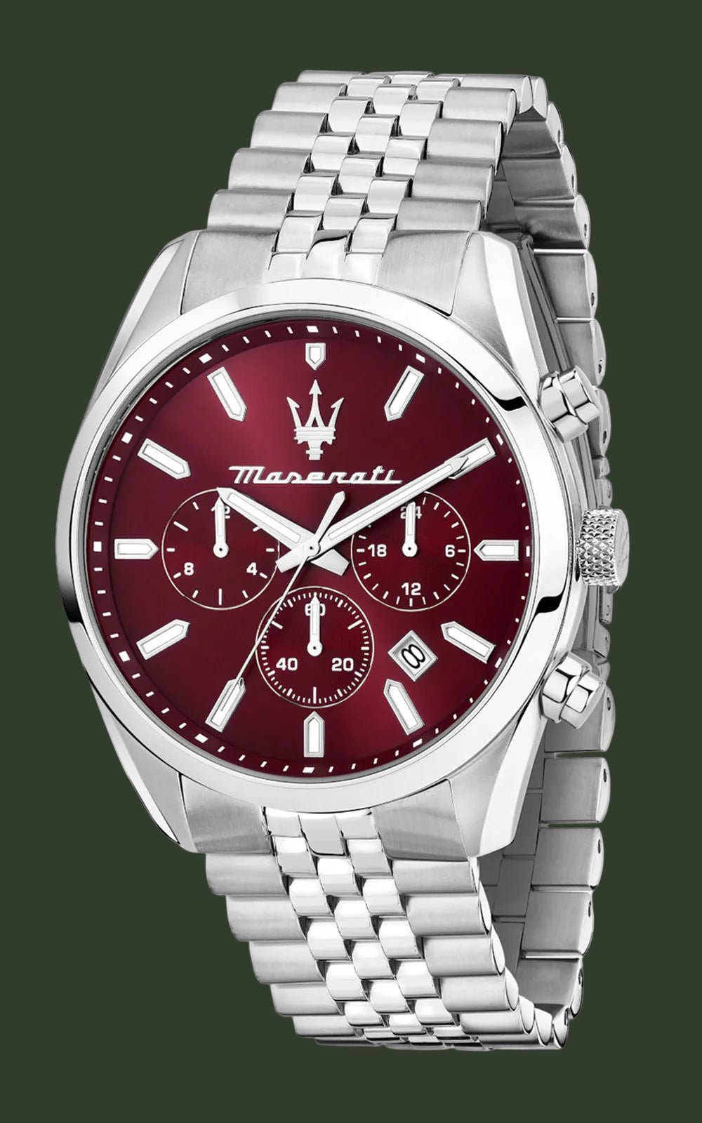 A Maserati men's watch featuring a silver stainless steel case and link bracelet with a deep red dial, silver subdials, and silver hands.